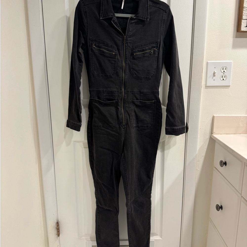 Free People Black Zip-Front Utility Jumpsuit